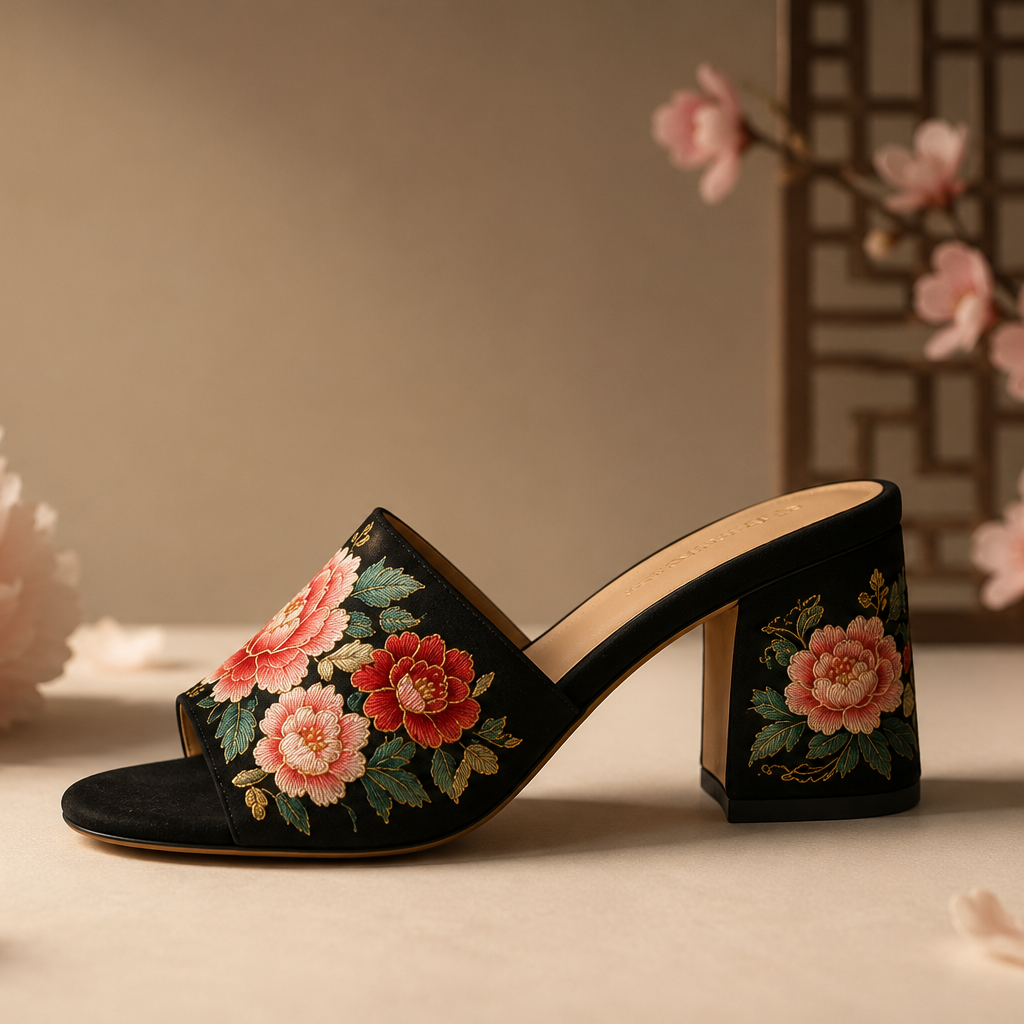 Embroidered  Emma Oza, indian chinese, shoe with floral design on a soft background with flowers